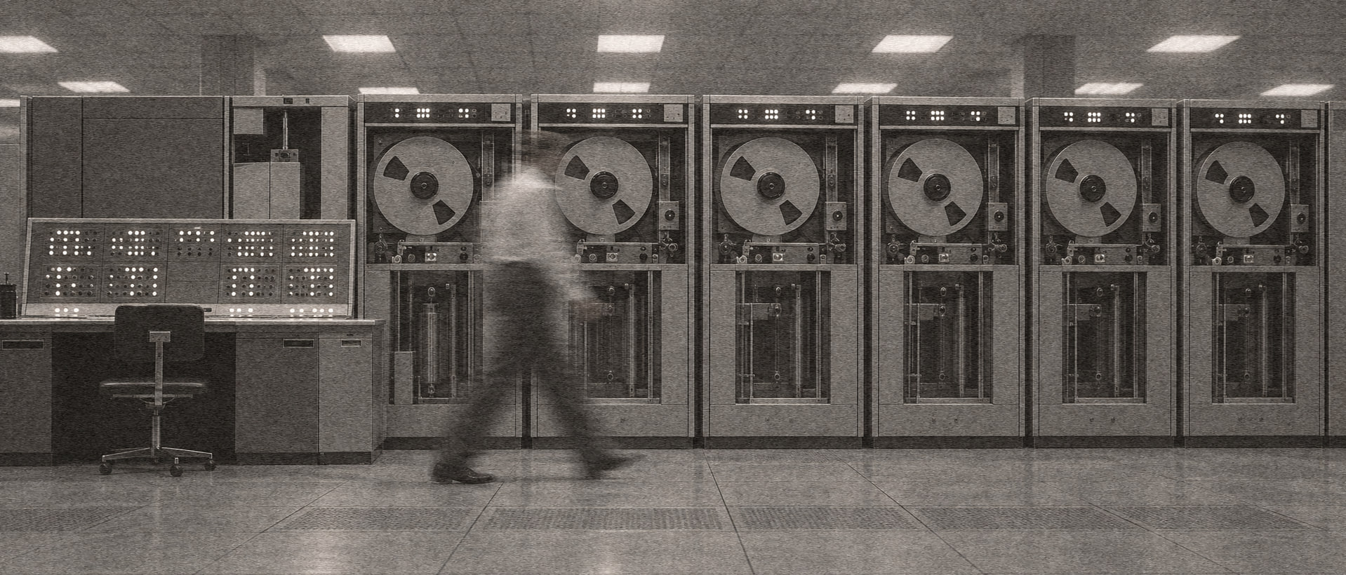 A man walks past a row of tape drives in a 1960s computer room, blurred in motion.